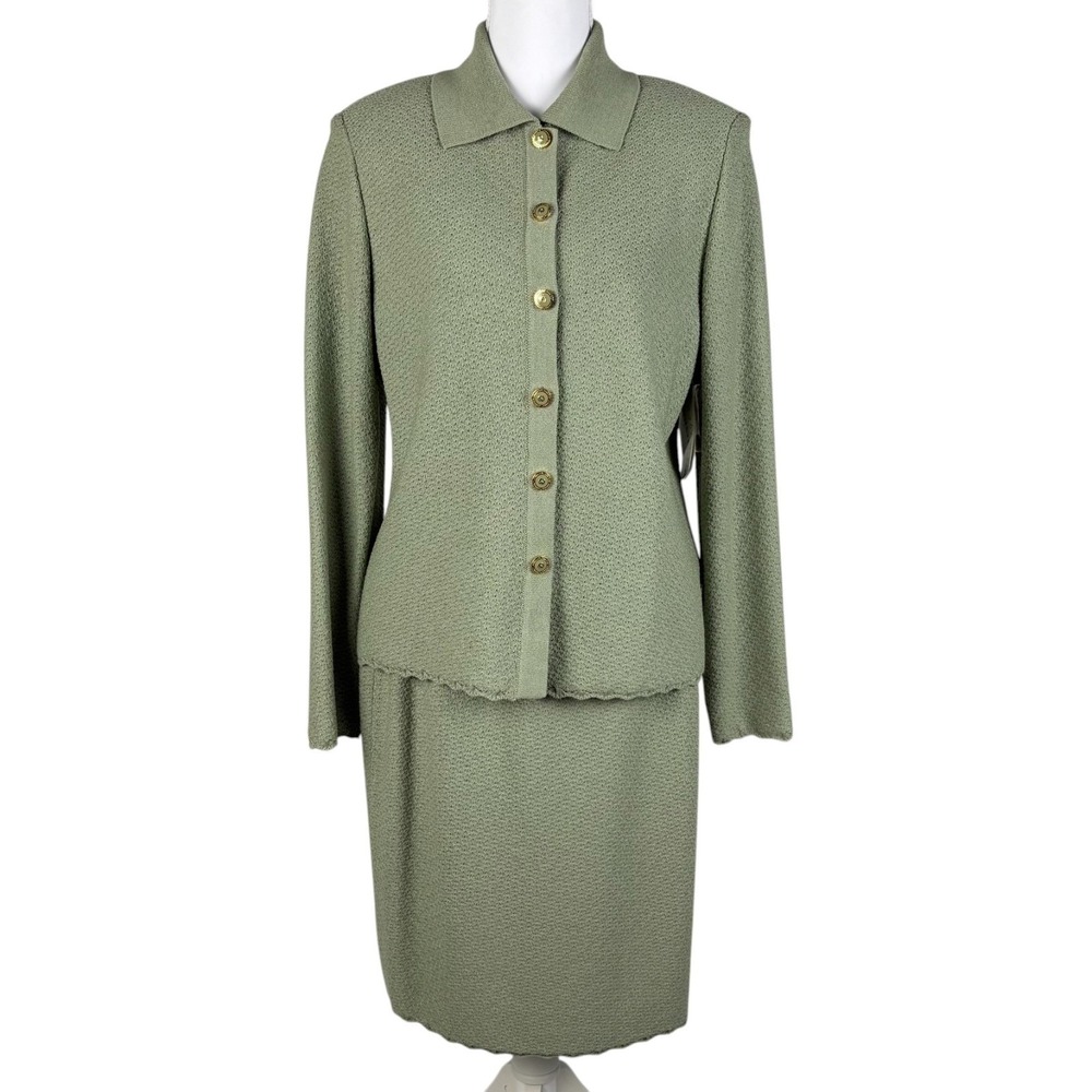 St John Knit 3pc Suit Set Jacket Skirt‎ Top Womens Size 6 Sage Green Vintage